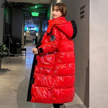 Parlak kışlık ceketler Kadın Kapşonlu Su Geçirmez Kadın Ceket Moda Kış Ceket Uzun Yansıtıcı Ceket Sıcak Parkas SWREDMI