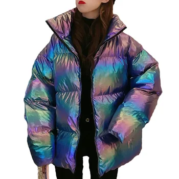 Parlak Neon Ceketler Kadın Kış %2022 Pamuk Standı Yaka Uzun Kollu Fermuar Gevşek Sıcak Rahat Bayan Mont Moda Dış Giyim N93