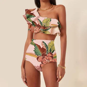 Pembe Bir Omuz Fırfır Mayo Baskı İki Parçalı Yüksek Bel Bikini Backless Slim Fit Seksi Beachwear 2022 Moda Bayanlar Yaz