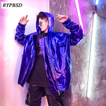 PU Deri Ceket Erkekler Kapşonlu Hip Hop Streetwear Boy Kore Moda Harajuku Erkek Rüzgarlık Gece Kulübü Parti Sahne Kostüm