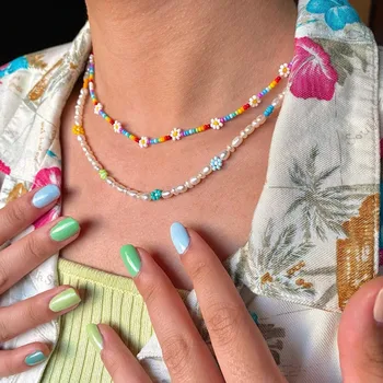 Renkli Papatya Çiçekler Boncuklu Gerdanlık Kolye Yaz Plaj Klavikula Gerdanlık Kolye Kadınlar Kızlar için Charm El Yapımı Takı