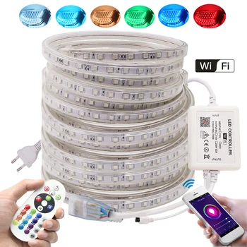 RGB LED şerit ışık Wifi kontrol + uzaktan 5050 60 LEDs / m esnek LED bant 110 V 220 V su geçirmez LED şerit beyaz / sıcak beyaz / mavi