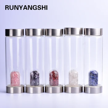 Runyangshi 1 adet 550 ml Doğal kristal Kırma taş cam şişe koruyucu çanta ile taşınabilir spor seyahat içme şişesi