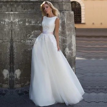 Scoop Boyun düğün elbisesi 2022 Robe De Mariee Mariage Dantel Aplikler Kemer Vintage Tül gelinlikler