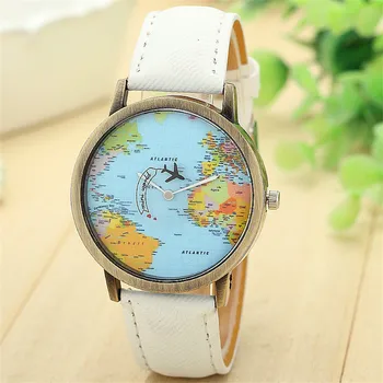 Serin Mini Dünya Moda quartz saat Erkekler Unisex Harita Uçak Dünya Çapında Seyahat Kadın Deri Elbise Bilek Saatler