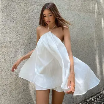 Sevimli 2022 Yaz Seksi Gevşek Backless Elbise Bayanlar Casual Beyaz Mini boyundan bağlamalı elbise Plaj Tatil Kadınlar Serin İnce Pamuklu Elbise