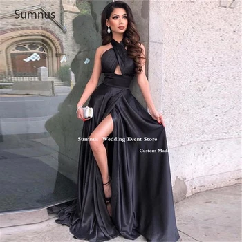 Sumnus Suudi Arabistan Siyah balo kıyafetleri 2022 Leke Halter Yüksek Yan Yarık Uzun Kat Uzunluk Abiye Vestidos De Fiesta