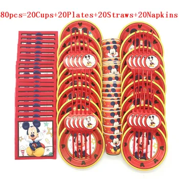 Sıcak Kırmızı Mickey Mouse Tema Tek Kullanımlık kağıt bardaklar Tabaklar Esnek Payet Bebek Duş Çocuk Doğum Günü Peçete Dekorasyon Malzemeleri Seti