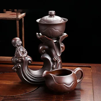 Taş Değirmen Tembel Taş seramik Çay Set Dönen Su Taşlama Çay Töreni için hizmet Otomatik Çaydanlık Kupası 