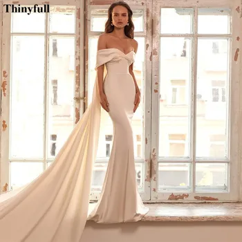 Thinyfull Seksi Mermaid Saten Gelinlik 2022 Kapalı Omuz Uzun Tren Gelin Elbise Prenses Gelin Düğün Törenlerinde