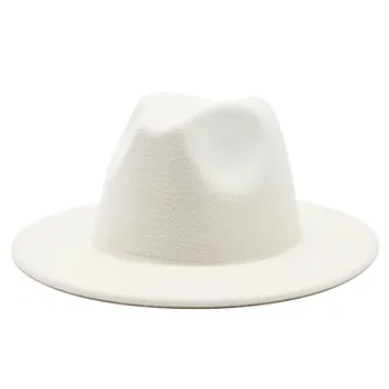 Tüm Maç Geniş fötr şapka Şapka Kadınlar İçin Düz Renk Yün keçe şapka Erkekler İçin Sonbahar Kış Panama Kumar Sarı Caz Kap 56-61cm