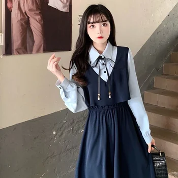 Uzun Kollu Tiki Tarzı Mavi Elbise Bahar A-line Maxi Elbise Kadınlar için Kız Midi Elbise Rahat Doğum Günü Japon Elbise 2022
