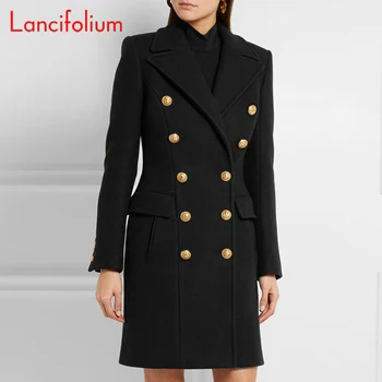 Uzun Yün Ceket Kadın Sonbahar Kış Moda Askeri Siyah Yün Karışımları Kruvaze İnce Zarif Yün Ceket Dış Giyim Ceket