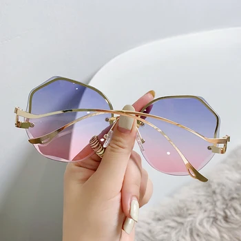 Vintage Moda Degrade Güneş Gözlüğü Kadın Yuvarlak Kesim Kesilmiş Lens Gözlük Güneş Gözlüğü Çerçevesiz Kesilmiş Güneş Gözlüğü Tüm Maç
