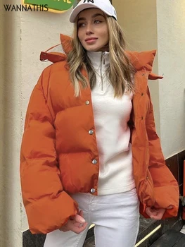 WannaThis Y2K Kış Pamuk Sıcak kapüşonlu ceket kadın Düğme Katı Cep Gevşek Kısa Ceket Casual Streetwear dış giyim