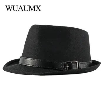 Wuaumx YENİ Sonbahar Kış Retro Caz Şapka Orta Yaşlı Erkekler Keçe Fedoras Kap Erkek Katı Fötr Panama Şapka Siyah Melon Şapka