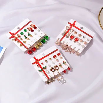 Yaratıcı Noel Saplama Küpe Kadınlar Kızlar için Santa Yağ Çan Ağacı Kar Tanesi İnci Geyik 12 Parça Set Eardrops Takı Hediye