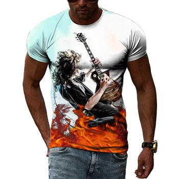 Yaz Hip Hop Serin Gitar Müzisyen grafik t shirt Erkekler Rahat Kişilik Yaratıcı 3D Baskı O-Boyun Kısa Kollu Tees Tops