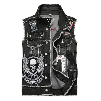 Yaz Punk erkek kot Yelek Siyah Kafatası Nakış Kot Yelek Marka Slim fit Kolsuz Ceketler Erkekler için