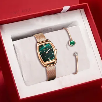 Yeni stok! ! Kadın Saatler Moda Kare Bayanlar quartz saat Bilezik Seti Yeşil Kadran Basit Gül Altın Örgü Lüks Kadın Saatler