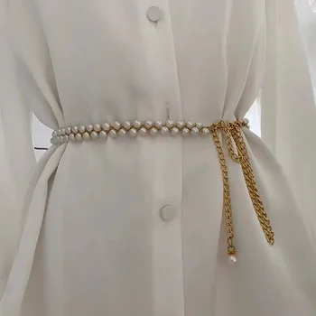 Zarif Bayanlar Metal Ayarlanabilir İnce Bel Zinciri Yeni Boncuklu Basit İmitasyon İnci Kemer Dekoratif Elbise İnci Kolye Kemer