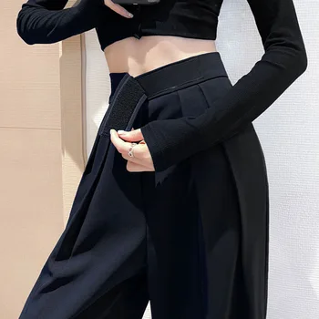 Zarif Velcro Gevşek Pilili Geniş Bacak Pantolon Kadın Yüksek Bel Kore Tarzı Takım Elbise Pantolon Yeni Kadın Rahat Klasik düz pantolon