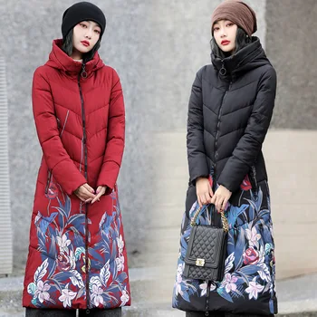 Çin Tarzı kadın Kış Aşağı pamuklu ceket X-uzun Baskı Kalın Dış Giyim Kapşonlu Boy rüzgar geçirmez parka Kadın Ceket