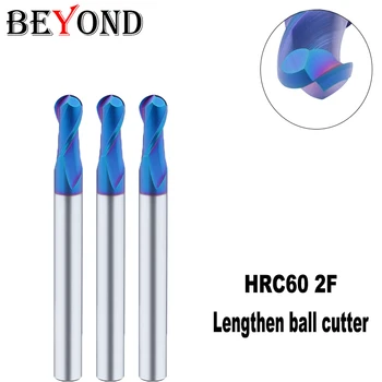 ÖTESİNDE HRC60 Mavi Nanometre Tungsten Çelik Genişletilmiş Bilyalı Kesme Karbür parmak freze 2 Flüt Kaplı L75 L100 L150