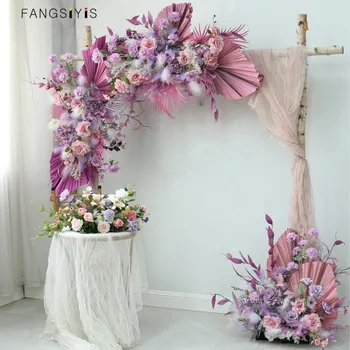 Özel Kemer Çiçek Düzenleme Doğal Fan Tüy Koşucu Sahne Ev Sahne Düzeni Çiçek Sıra Dekorasyon Fantezi Mor Düğün